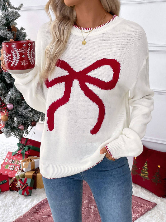 Christmas Slouchy Crewneck Bow Knitted Sweater